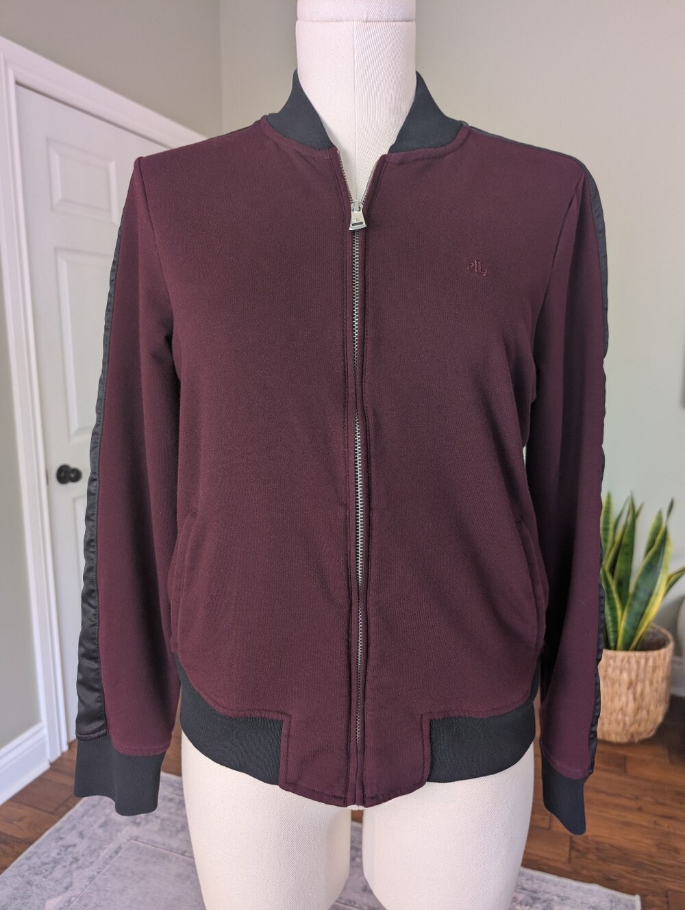 Lauren Ralph Lauren Preppy Burgundy Black Lightweight Bomber Jacket Size M